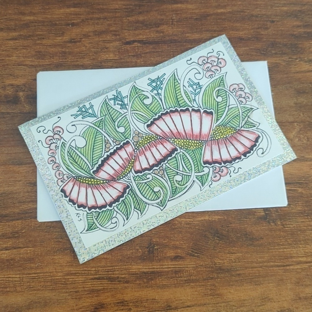 🌻 5/$20 Handmade Floral Zentangle Card-Green, Red & Yellow-Leaves & Mushrooms